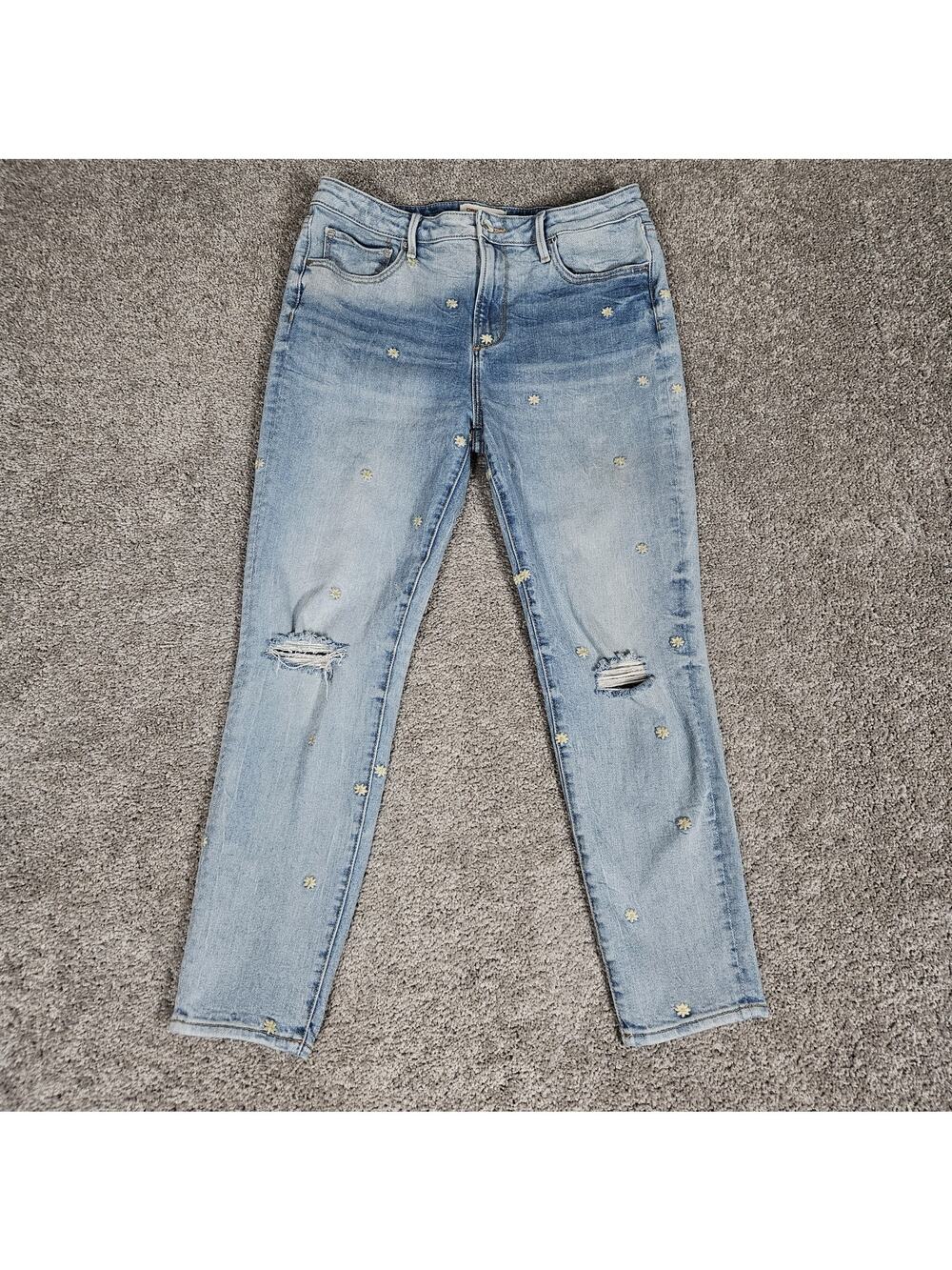 Driftwood Gizelle Jeans Womens 30 Blue Floral Embroidered AOP Tapered Distressed